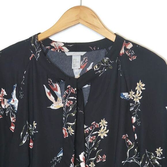 H&M Floral Bird Print V Neck Tie Neck Long Sleeve Black Shift Dress Size 12 - Picture 4 of 14
